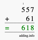 Calculate 557 + 61 using long addition