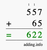 Calculate 557 + 65 using long addition