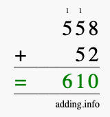 Calculate 558 + 52 using long addition