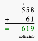 Calculate 558 + 61 using long addition