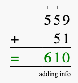 Calculate 559 + 51 using long addition