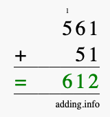 Calculate 561 + 51 using long addition