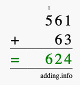 Calculate 561 + 63 using long addition
