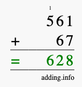 Calculate 561 + 67 using long addition