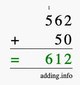 Calculate 562 + 50 using long addition