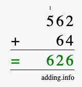 Calculate 562 + 64 using long addition