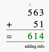 Calculate 563 + 51 using long addition
