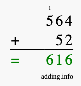 Calculate 564 + 52 using long addition