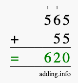 Calculate 565 + 55 using long addition