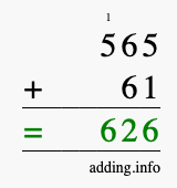 Calculate 565 + 61 using long addition