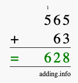 Calculate 565 + 63 using long addition