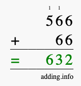 Calculate 566 + 66 using long addition