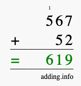 Calculate 567 + 52 using long addition
