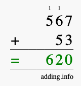 Calculate 567 + 53 using long addition