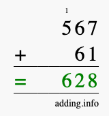 Calculate 567 + 61 using long addition