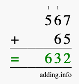 Calculate 567 + 65 using long addition