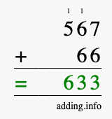 Calculate 567 + 66 using long addition