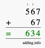 Calculate 567 + 67 using long addition