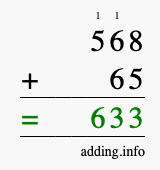 Calculate 568 + 65 using long addition