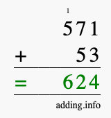 Calculate 571 + 53 using long addition