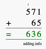 Calculate 571 + 65 using long addition
