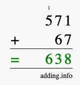 Calculate 571 + 67 using long addition