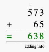 Calculate 573 + 65 using long addition