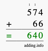 Calculate 574 + 66 using long addition