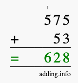 Calculate 575 + 53 using long addition