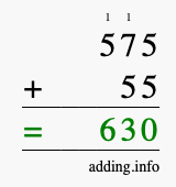 Calculate 575 + 55 using long addition