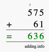 Calculate 575 + 61 using long addition