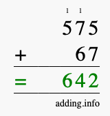 Calculate 575 + 67 using long addition