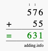 Calculate 576 + 55 using long addition
