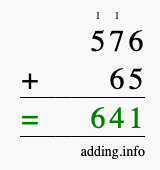 Calculate 576 + 65 using long addition