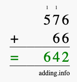 Calculate 576 + 66 using long addition