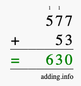 Calculate 577 + 53 using long addition