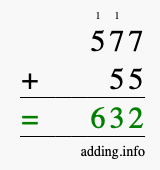 Calculate 577 + 55 using long addition