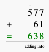 Calculate 577 + 61 using long addition