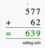 Calculate 577 + 62 using long addition