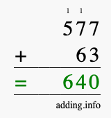 Calculate 577 + 63 using long addition