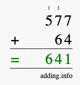Calculate 577 + 64 using long addition