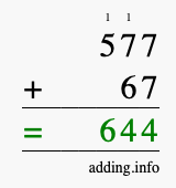 Calculate 577 + 67 using long addition