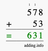 Calculate 578 + 53 using long addition