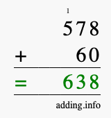 Calculate 578 + 60 using long addition
