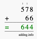 Calculate 578 + 66 using long addition