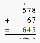 Calculate 578 + 67 using long addition