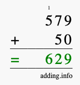 Calculate 579 + 50 using long addition