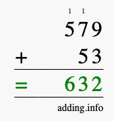 Calculate 579 + 53 using long addition