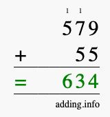 Calculate 579 + 55 using long addition