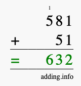 Calculate 581 + 51 using long addition
